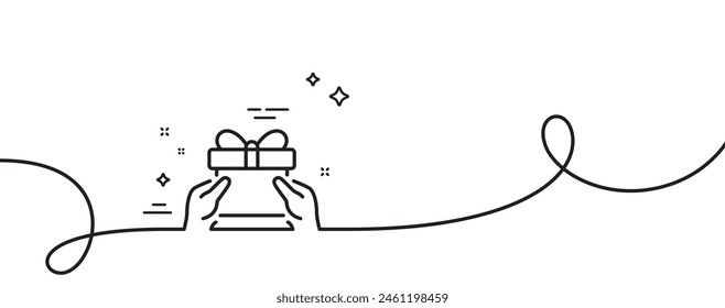 Give a Gift box line icon. Continuous one line with curl. Present or Sale sign. Birthday Shopping symbol. Package in Gift Wrap. Give present single outline ribbon. Loop curve pattern. Vector