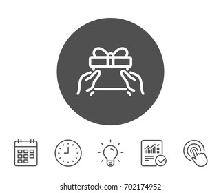 Give a Gift box line icon. Present or Sale sign. Birthday Shopping symbol. Package in Gift Wrap. Report, Clock and Calendar line signs. Light bulb and Click icons. Editable stroke. Vector