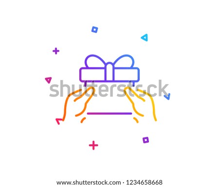 Give a Gift box line icon. Present or Sale sign. Birthday Shopping symbol. Package in Gift Wrap. Gradient line button. Give present icon design. Colorful geometric shapes. Vector
