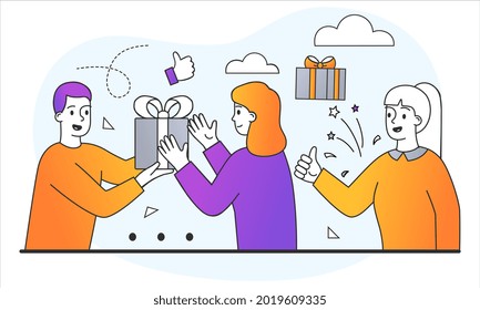 Give gift concept. Man gives woman beautiful surprise box. Gift for Birthday, New Year or Christmas. Showing attention. Cartoon doodle modern flat vector illustration isolated on white background