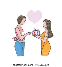 Give a gift. Females or lesbian couples. Hand drawn style of vector.