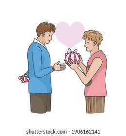 Give a gift. Gay couple. Hand drawn style of vector.