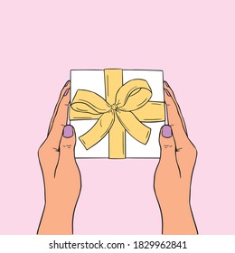 Give gift. Girl holds white gift box with a yellow ribbon in hands. Giving, receiving surprise. Vector illustration flat design.