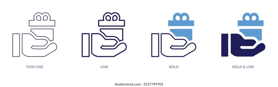 Give gift icon in 4 different styles. Thin Line, Line, Bold, and Bold Line. Duotone style. Editable stroke.
