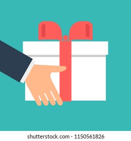 Give gift. Man holds white gift box with a red ribbon in hands. Giving, receiving surprise. Vector illustration flat design