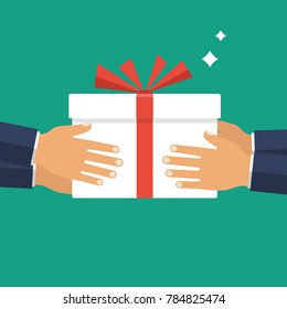 Give gift. Man holds white gift box with a red ribbon in hands. Giving, receiving surprise. Vector illustration flat design. Delivery of gifts for holiday. Isolated on background.