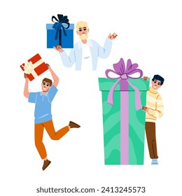 give gift man  vector.  birthday happy, love phone, father day give gift man character. people flat cartoon illustration