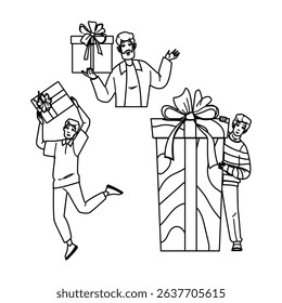 give gift man vector. birthday happy, love phone, father day give gift man character. people black line pencil drawing illustration