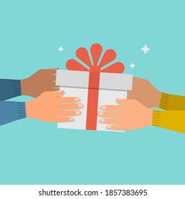 Give a gift. One person's hands give a gift box with a bow to the other hands. Vector illustration, flat cartoon color design, isolated on blue background, eps 10. Concept: new year, winter holidays.