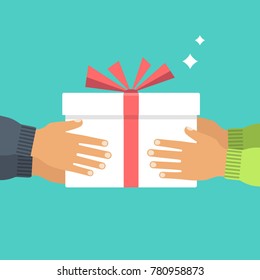 Give gift. People give each other gifts. White cardboard box with red ribbon and bow. Giving, receiving surprise. Vector illustration flat design. Delivery gifts for holiday. Isolated on background.