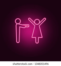 give a gift to your beloved icon. Elements of Conversation and Friendship in neon style icons. Simple icon for websites, web design, mobile app, info graphics