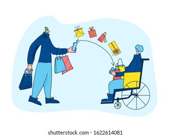 Give gifts. Male character with shopping bags and person in wheelchair exchanging digital and normal presents. Friends wish each other happy holidays. Vector illustration.