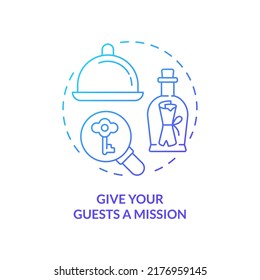 Give Guests Mission Blue Gradient Concept Icon. Unusual Dining Experience Abstract Idea Thin Line Illustration. Puzzle Solving Activity. Isolated Outline Drawing. Myriad Pro-Bold Font Used