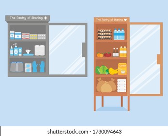 Give hand Charity medicine cabinet and food collection for Sharing helping each other concept Pantry of sharing campaign lack of Food due to Coronavirus crisis Donation food to other people.