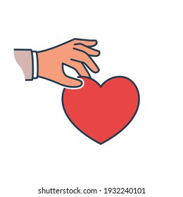 Give heart. Donate symbol. Vector minimal black line flat design. Holding red heart. Isolated on white background. Symbol of charity, love, sincerity. Passing a red heart from hand to hand.