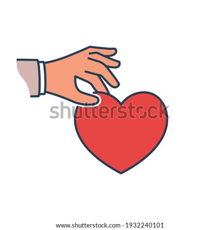 Give heart. Donate symbol. Vector minimal black line flat design. Holding red heart. Isolated on white background. Symbol of charity, love, sincerity. Passing a red heart from hand to hand.