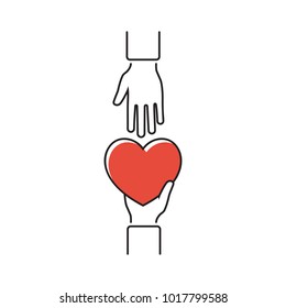 Give heart, minimal line design. Vector illustration flat style. Holding red heart in hands. Isolated on white background. Symbol of charity, love, sincerity.