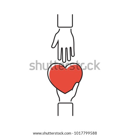 Give heart, minimal line design. Vector illustration flat style. Holding red heart in hands. Isolated on white background. Symbol of charity, love, sincerity.