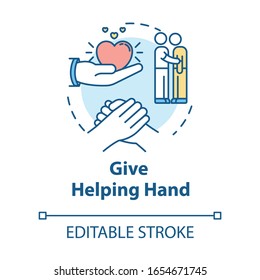 Give helping hand concept icon. Friendship relationship advice. Best friend love, mutual psychological support idea thin line illustration. Vector isolated outline RGB color drawing. Editable stroke