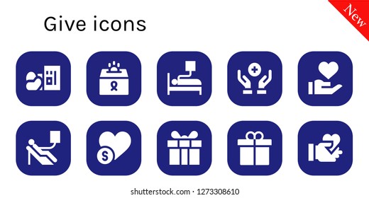  give icon set. 10 filled give icons. Simple modern icons about  - Homeless, Donation, Blood donation, Charity, Present, Give love