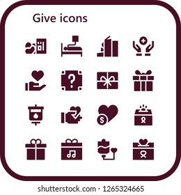  give icon set. 16 filled give icons. Simple modern icons about  - Homeless, Blood donation, Donation, Surprise, Present, Blood transfusion, Give love, Charity