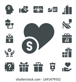 give icon set. 17 filled give icons. Included Hope, Blood transfusion, Donation, Charity, Blood donation, Present, Presents, Surprise, Give love, Homeless icons