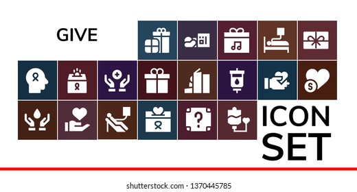 give icon set. 19 filled give icons.  Collection Of - Presents, Hope, Blood donation, Donation, Surprise, Blood transfusion, Present, Homeless, Give love, Charity