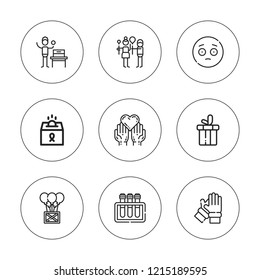 Give icon set. collection of 9 outline give icons with blood donation, clap, charity, generosity, donation, present, received icons. editable icons.