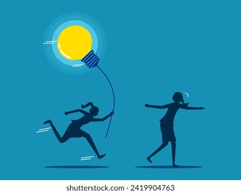 Give the idea to another person to proceed further. Businesswoman passing a light bulb to another person