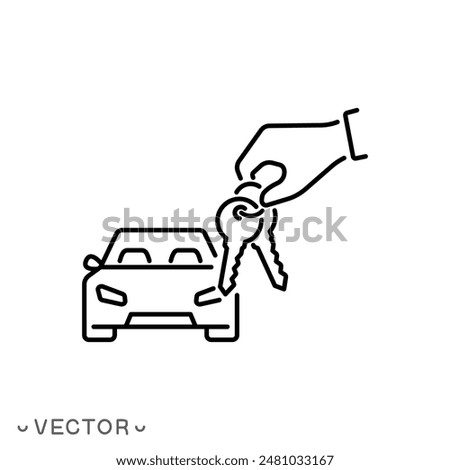 give key in hand icon, rental or hire car, agent broker, auto sale or rent, dealer, thin line symbol isolated on white background, editable stroke eps 10 vector illustration