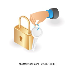 Give the key to open the lock in isometric flat illustration