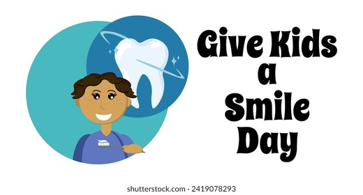 Give Kids a Smile Day, horizontal banner or poster vector illustration on the topic of dentistry and health