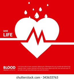 Give Life Big Heart with half blood and empty. Donate blood awareness poster template. Creative typography Design template. Health care poster design. isolated on Red background. Vector illustration