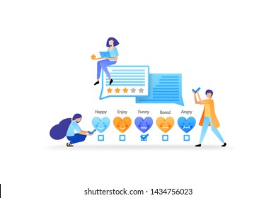 give likes, ratings, emoticons and feedback. include testimonials to get better service and damage. vector illustration concept for landing page, web, ui, banner, flyer, poster, template, background