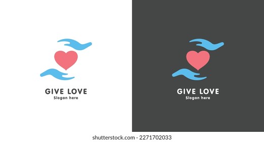 Give love heart hand care logo design illustration. Silhouette of hand gesture giving love heart. Simple flat design style.