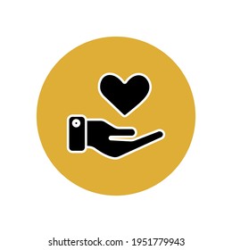 Give Love. Heart Icon In Hand In A Yellow Circle. A Symbol Of Love, Care And Support For Each Other. Donation For Animals, Sick And Elderly People. Donar And Heart Organ Transplant.Vector Illustration