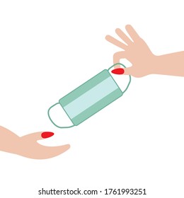 Give a mask to another person to prevent the coronavirus COVID-19. Concepts for the COVID-19 virus outbreak. Prevention and awareness of vector images.