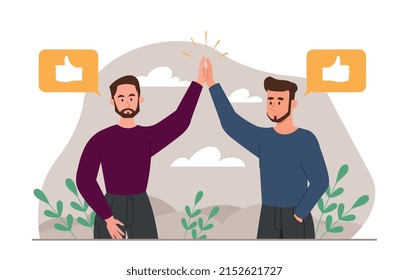 Give me five. Men celebrate success. Partnership and colleagues, optimism and positive. Friends happy to meet, winners of competitions. Achievements of goals. Cartoon flat vector illustration