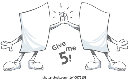 Give me five. Two Blank Paper Cartoon Characters Giving High Five Congratulations to Each Other in front isolated of White Background.