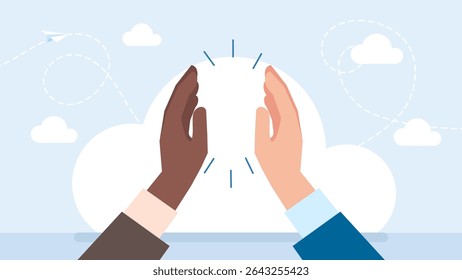 Give me five. Two hands giving a high five. People of different ethnicity making high five salute. Happy businessman collaborating and making an agreement. Vector illustration