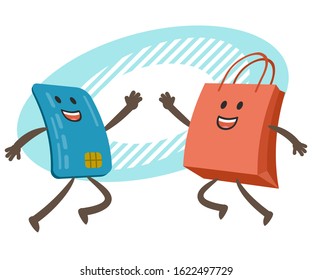 Give me high-five! Credit card character and shopping bag character giving high-five. Vector Illustration.