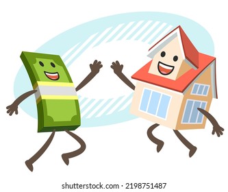 Give me high-five! Money character and House Character giving high-five. Vector Illustration.