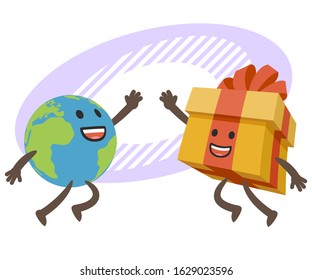 Give me high-five! Planet character and gift box character giving high-five. Vector Illustration.