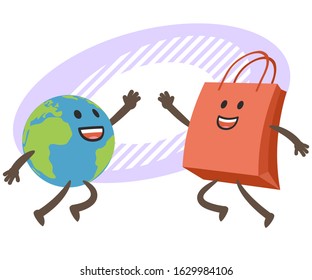 Give me high-five! Planet character and shopping bag character giving high-five. Vector Illustration.