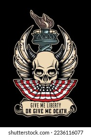 Give me liberty, or give me death - t-shirt design on Black - USA Flag, skull, wings and Statue of Liberty torch