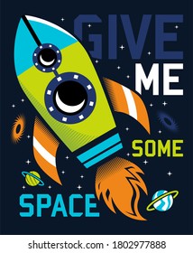 Give me some space rocket illustration, for print on tee and poster