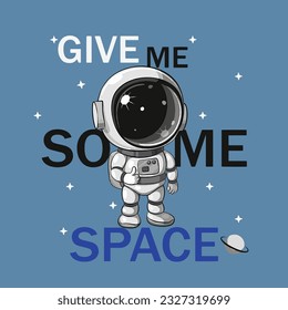 Dame un diseño de tipografía espacial con astronauta de dibujos animados adorable en una ilustración de fondo azul, listo para imprimir en camisetas para niños.