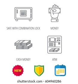 Give money, cash money and ATM icons. Safe box linear sign. Shield protection, calendar and new tag web icons. Vector