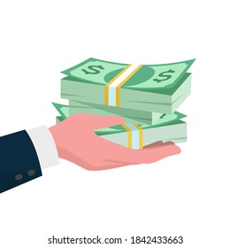 Give money concept. Hand giving dollars to other hand. Business finance vector illustration