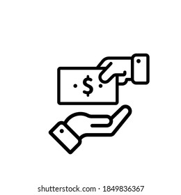 Give Money Outline Icon. Payment With Money. Hand Holding Paycheck Icon.